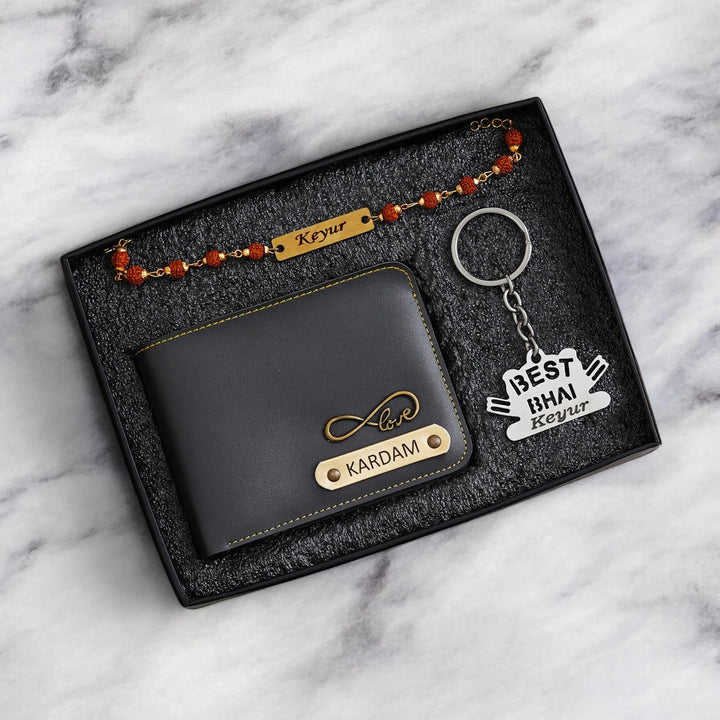 Raksha Bond – Wallet, Keychain & Rakhi Set with His Name